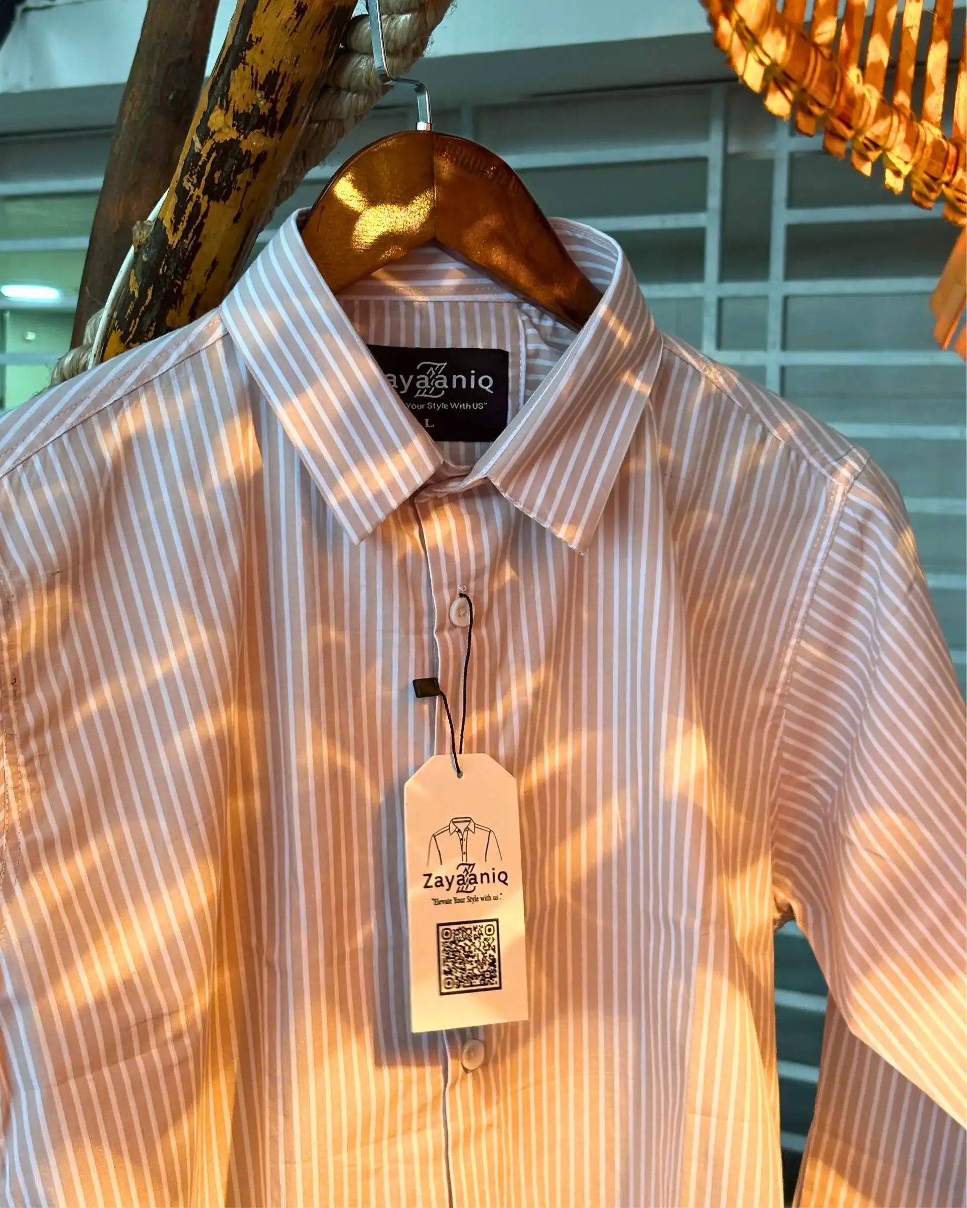Beige & White Striped Fine Cotton Shirt