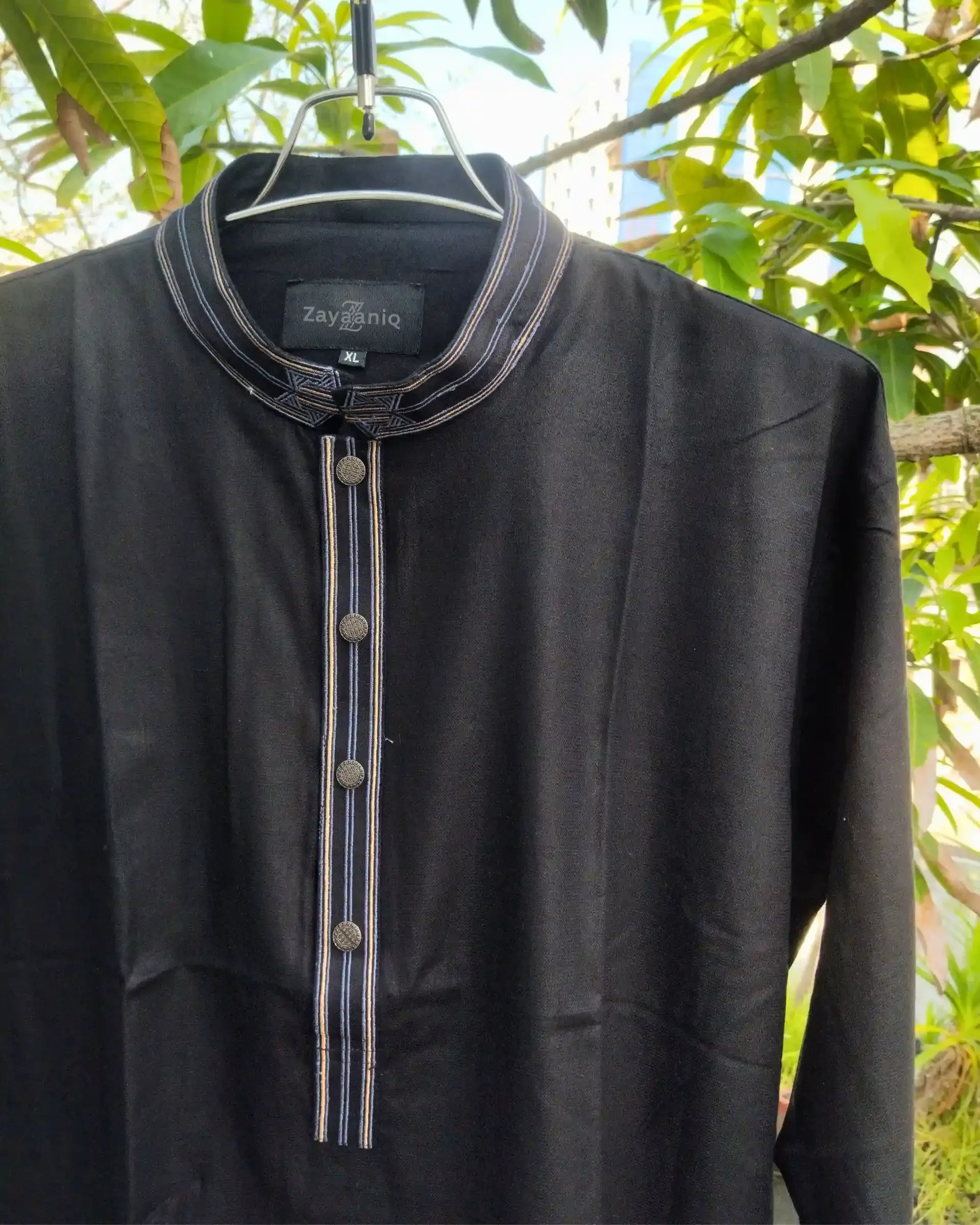 Jet Black Pinstriped Embroidered