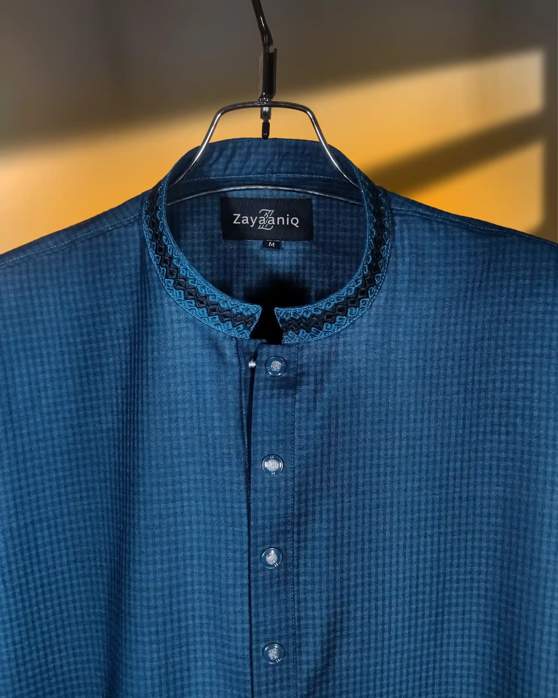 Deep Ocean Blue Textured Embroidered