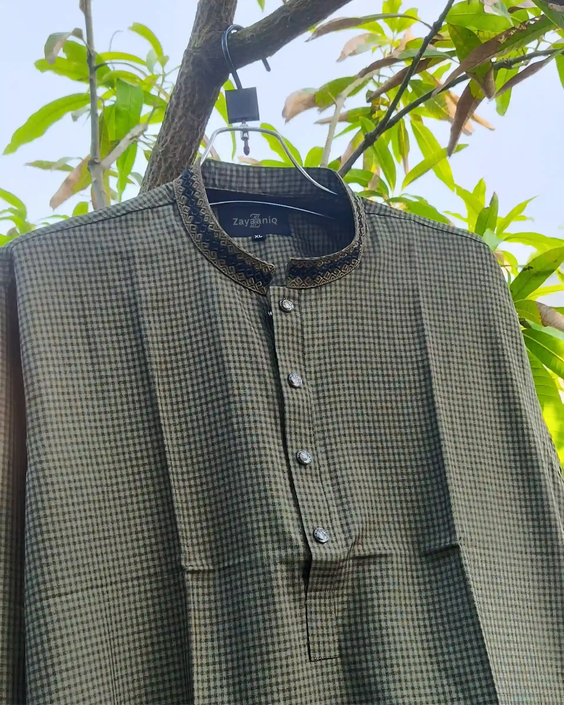 Olive & Charcoal Micro-Check Embroidered view 4