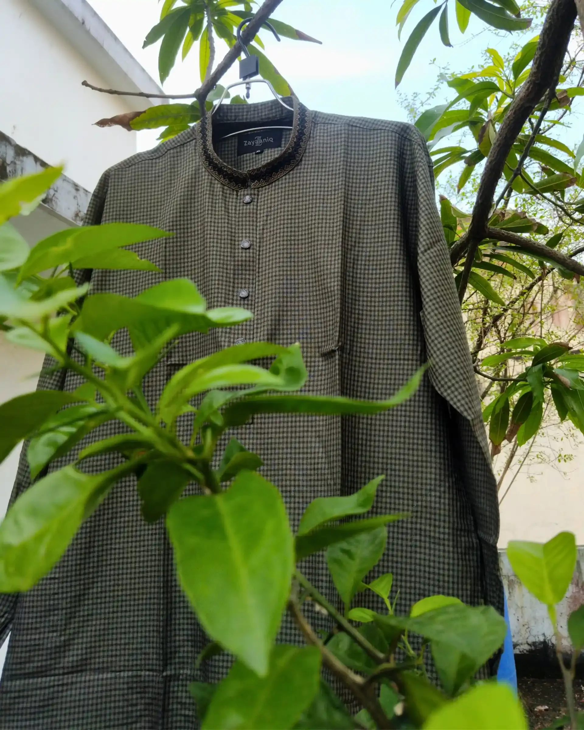Olive & Charcoal Micro-Check Embroidered view 2