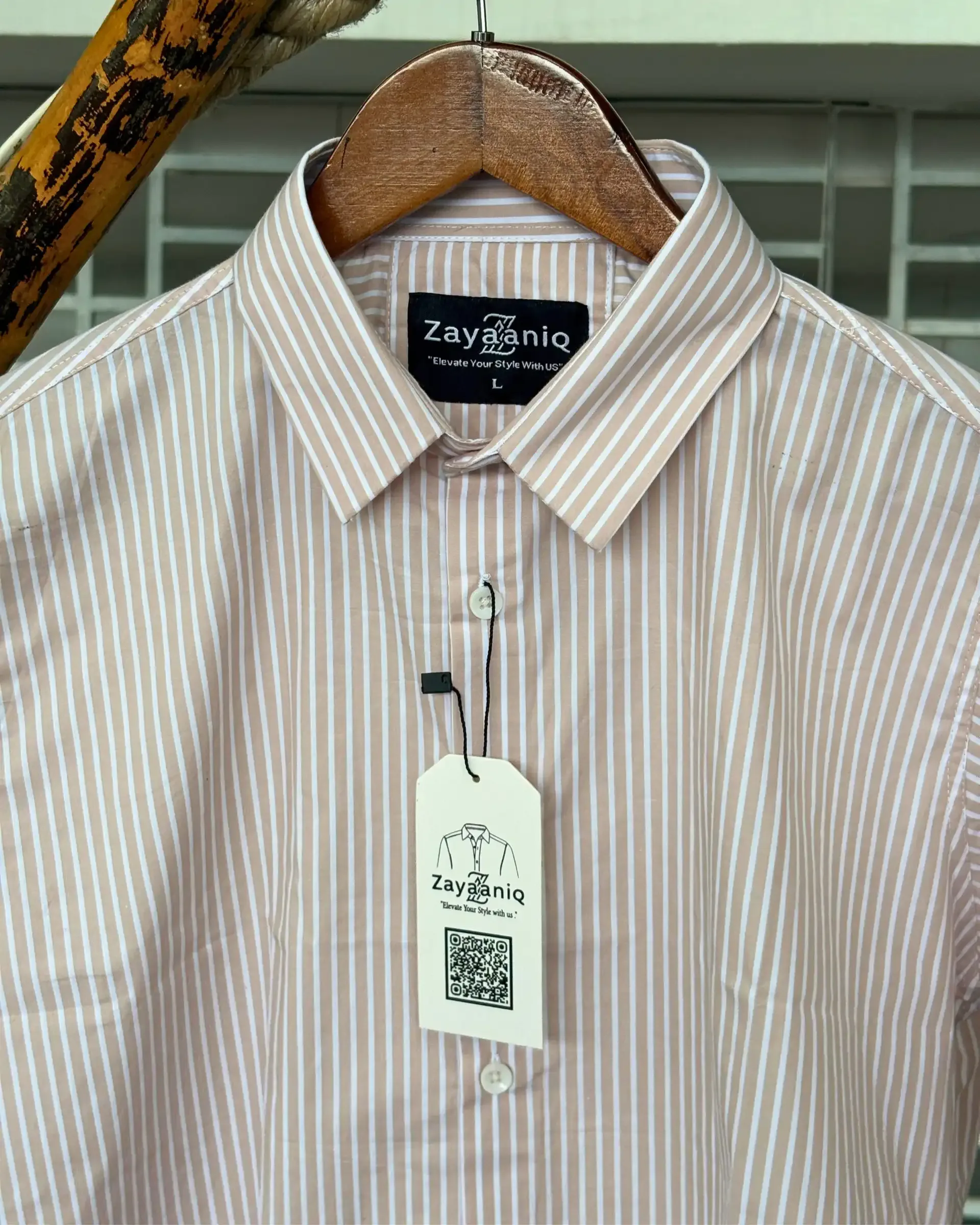 Beige & White Striped Fine Cotton Shirt view 2