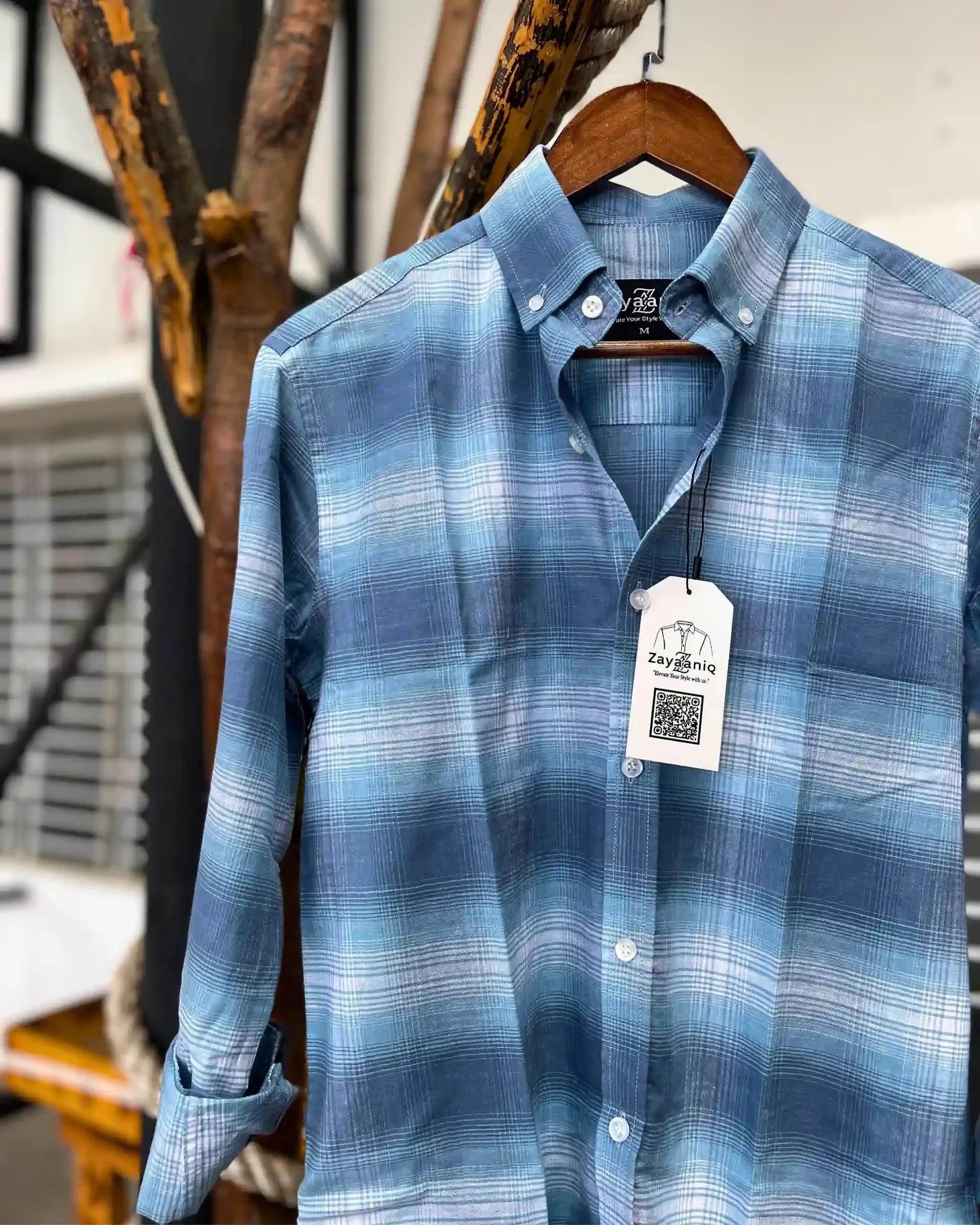 Sky Blue Gradient Checkered Export Cotton Shirt view 2