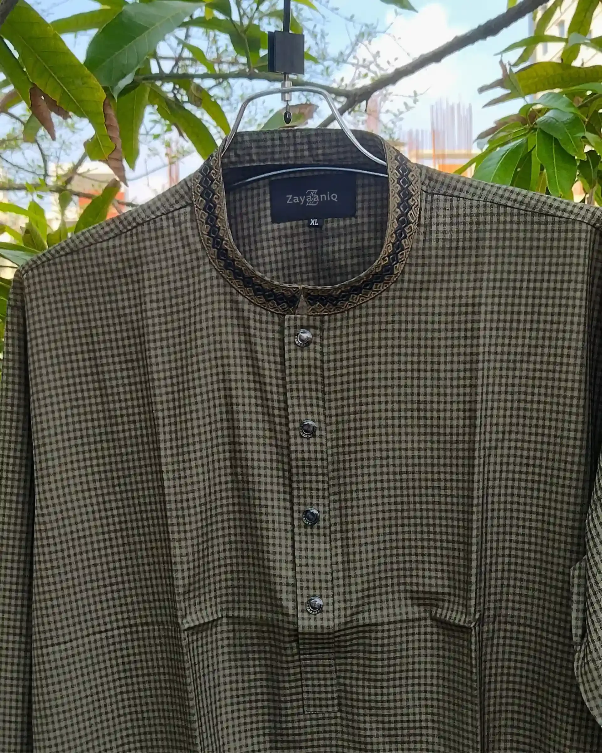Olive & Charcoal Micro-Check Embroidered