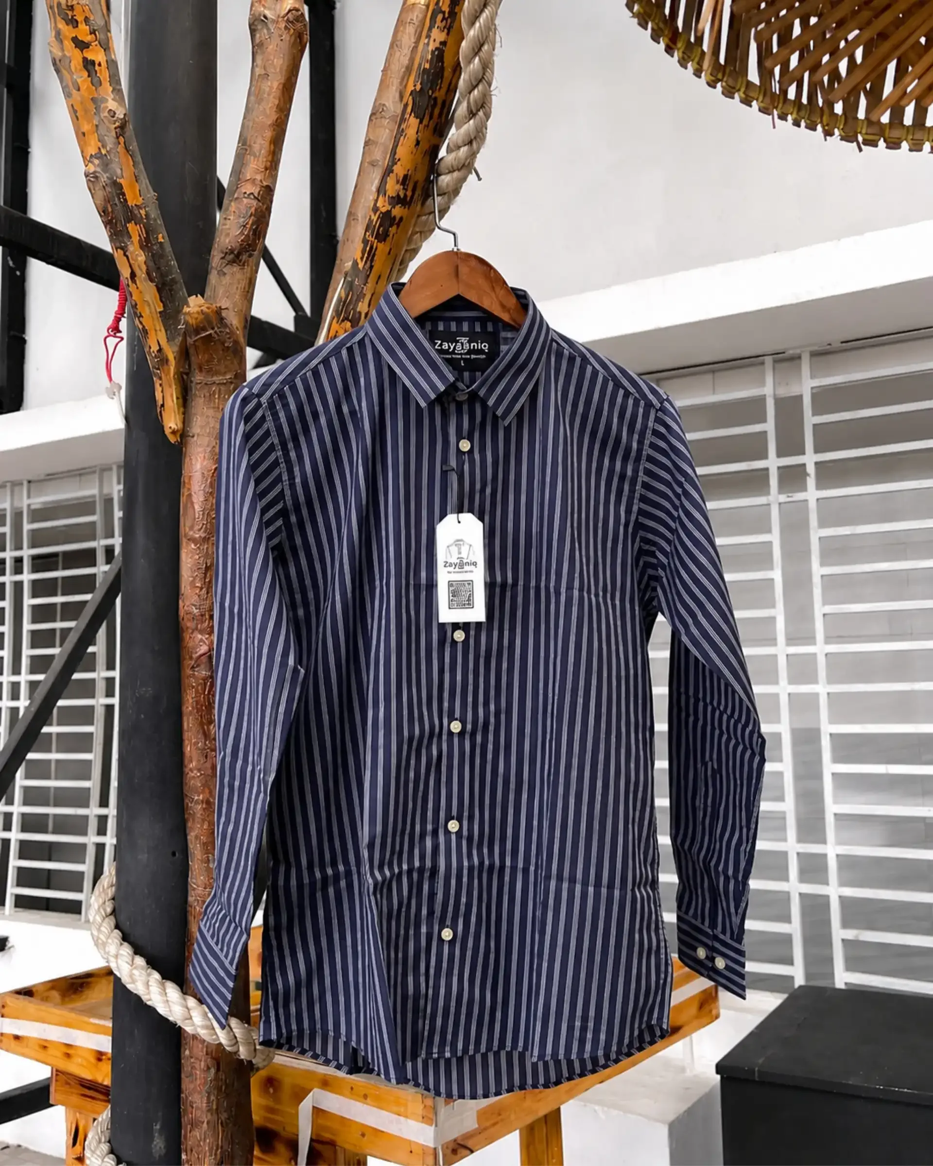 Zayaaniq Premium Blue Vertical Stripe Fine Cotton Shirt view 3
